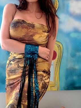 Long Teal Mermaid Fringe Leather Festival Cuff